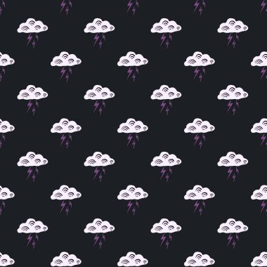 Yıldırımsız desenli bulutlar. Güzel el çizimi arka plan. Kumaş ambalaj kağıdı, duvar kağıdı ve mendil için karalama şeklinde tekrarlanan doku. Vektör illüstrasyonu.