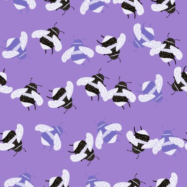 Arı desenleri el yazısıyla kusursuz. Renkli arka planda bal özümseyen sevimli böcek. Tekstil baskıları, kumaş, afişler, arkaplanlar ve duvar kağıtları için vektör illüstrasyonu.