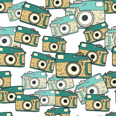 Fotoğraf makinesi klasik, dikişsiz desen. Retro fotoğraf makinesi tasarımı. Kumaş, ambalaj kağıdı, duvar kâğıdı ve mendil için karalama stilinde tekrarlanan doku. Vektör illüstrasyonu.