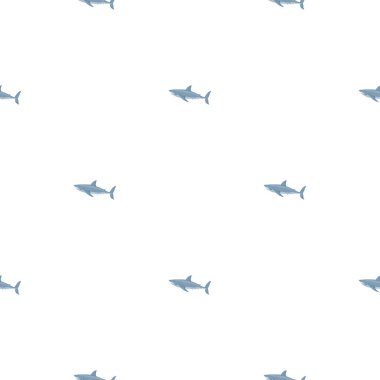 Beyaz köpekbalığı, İskandinav tarzında kusursuz bir desen. Deniz hayvanları geçmişi. Çocuklar için vektör illüstrasyonu komik tekstil baskıları, kumaş, afişler, arkaplanlar ve duvar kağıtları.