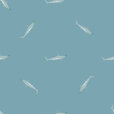 Çekiç başlı köpekbalığı, İskandinav tarzında kusursuz bir desen. Deniz hayvanları geçmişi. Çocuklar için vektör illüstrasyonu komik tekstil baskıları, kumaş, afişler, arkaplanlar ve duvar kağıtları.