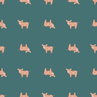 Kusursuz bir domuz deseni. Renkli arka planda evcil hayvanlar. Tekstil baskıları, kumaş, afişler, arkaplanlar ve duvar kağıtları için vektör illüstrasyonu.