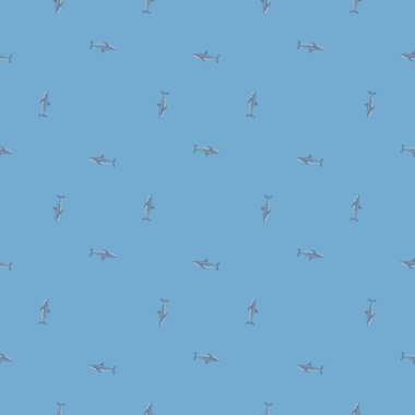 Beyaz köpekbalığı, İskandinav tarzında kusursuz bir desen. Deniz hayvanları geçmişi. Çocuklar için vektör illüstrasyonu komik tekstil baskıları, kumaş, afişler, arkaplanlar ve duvar kağıtları.