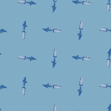 Beyaz köpekbalığı, İskandinav tarzında kusursuz bir desen. Deniz hayvanları geçmişi. Çocuklar için vektör illüstrasyonu komik tekstil baskıları, kumaş, afişler, arkaplanlar ve duvar kağıtları.