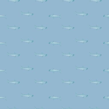 Çekiç başlı köpekbalığı, İskandinav tarzında kusursuz bir desen. Deniz hayvanları geçmişi. Çocuklar için vektör illüstrasyonu komik tekstil baskıları, kumaş, afişler, arkaplanlar ve duvar kağıtları.