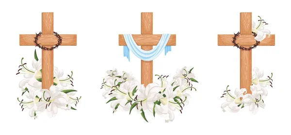 Set Crosses Lilies Isolated White Background Religious Symbols Wooden Cross — Vector de stock