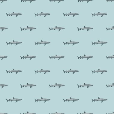 Resif köpekbalığı, İskandinav tarzında kusursuz bir desen. Deniz hayvanları geçmişi. Çocuklar için vektör illüstrasyonu komik tekstil baskıları, kumaş, afişler, arkaplanlar ve duvar kağıtları.
