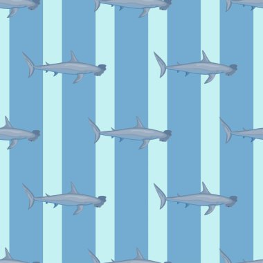 Çekiç başlı köpekbalığı, İskandinav tarzında kusursuz bir desen. Deniz hayvanları geçmişi. Çocuklar için vektör illüstrasyonu komik tekstil baskıları, kumaş, afişler, arkaplanlar ve duvar kağıtları.