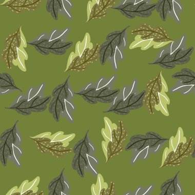 Dikensiz meşe yaprakları. Elle çizilmiş doğal arka plan. Kumaş, ambalaj kağıdı, duvar kâğıdı ve mendil için karalama stilinde tekrarlanan doku. Vektör illüstrasyonu.