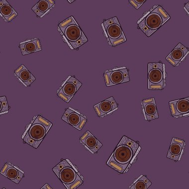 Fotoğraf makinesi kusursuz desen. Sevimli eski kameraların arka planı. Kumaş, ambalaj kağıdı, duvar kâğıdı ve mendil için karalama stilinde tekrarlanan doku. Vektör illüstrasyonu.