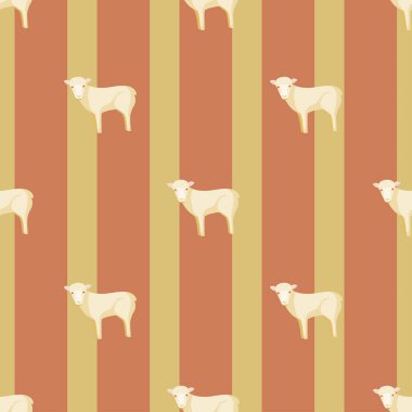 Kusursuz koyun deseni. Renkli arka planda evcil hayvanlar. Tekstil baskıları, kumaş, afişler, arkaplanlar ve duvar kağıtları için vektör illüstrasyonu.