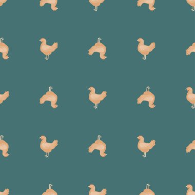 Kusursuz tavuk deseni. Renkli arka planda evcil hayvanlar. Tekstil baskıları, kumaş, afişler, arkaplanlar ve duvar kağıtları için vektör illüstrasyonu.