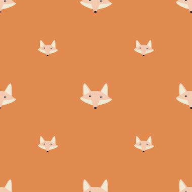 Tilki deseni el yazısıyla kusursuz. Renkli arka plandaki baş hayvanlar. Tekstil baskıları, kumaş, afişler, arkaplanlar ve duvar kağıtları için vektör illüstrasyonu.