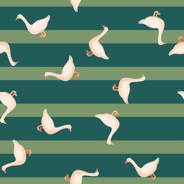 Kusursuz kaz deseni. Renkli arka planda evcil hayvanlar. Tekstil baskıları, kumaş, afişler, arkaplanlar ve duvar kağıtları için vektör illüstrasyonu.