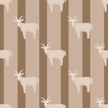 Kusursuz bir keçi deseni. Renkli arka planda evcil hayvanlar. Tekstil baskıları, kumaş, afişler, arkaplanlar ve duvar kağıtları için vektör illüstrasyonu.