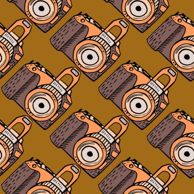 Fotoğraf makinesi klasik, dikişsiz desen. Retro fotoğraf makinesi tasarımı. Kumaş, ambalaj kağıdı, duvar kâğıdı ve mendil için karalama stilinde tekrarlanan doku. Vektör illüstrasyonu.