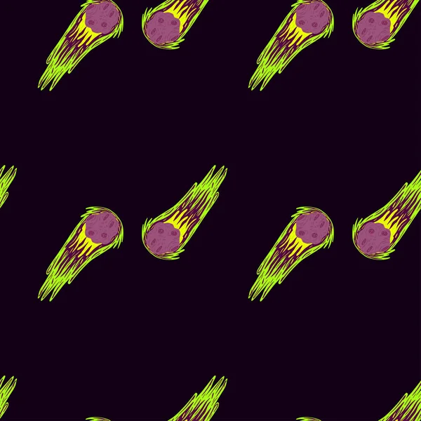 Meteor shower seamless pattern. Hand drawn comets fly background. Repeated texture in doodle style for fabric, wrapping paper, wallpaper, tissue. Vector illustration.