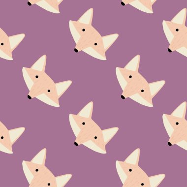 Tilki deseni el yazısıyla kusursuz. Renkli arka plandaki baş hayvanlar. Tekstil baskıları, kumaş, afişler, arkaplanlar ve duvar kağıtları için vektör illüstrasyonu.