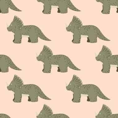 Triceratops kusursuz desen. Çocuk dino geçmişi. Kumaş, ambalaj kağıdı, duvar kâğıdı ve mendil için karalama stilinde tekrarlanan doku. Vektör illüstrasyonu.