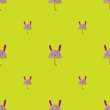 Şemsiyesiz tavşan deseni. Komik karakterler. Kumaş, ambalaj kağıdı, duvar kâğıdı ve mendil için karalama stilinde tekrarlanan doku. Vektör illüstrasyonu.