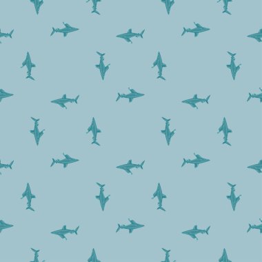 Okyanus beyazuçlu köpekbalığı, İskandinav tarzında kusursuz bir desen. Deniz hayvanları geçmişi. Çocuklar için vektör illüstrasyonu komik tekstil baskıları, kumaş, afişler, arkaplanlar ve duvar kağıtları.