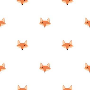 Tilki deseni el yazısıyla kusursuz. Renkli arka plandaki baş hayvanlar. Tekstil baskıları, kumaş, afişler, arkaplanlar ve duvar kağıtları için vektör illüstrasyonu.