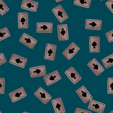 Oyun kartları pürüzsüz desen oluşturuyor. Kumar tasarımı. Kumaş, ambalaj kağıdı, duvar kâğıdı ve mendil için karalama stilinde tekrarlanan doku. Vektör illüstrasyonu.
