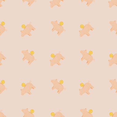 Domuz kumbarası kusursuz desen. Komik finansal oyuncak geçmişi. Kumaş, ambalaj kağıdı, duvar kâğıdı ve mendil için karalama stilinde tekrarlanan doku. Vektör illüstrasyonu.