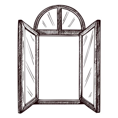 Açılan pencere kemeri çizimi izole edildi. Elle çizilmiş duvarın içindeki ters element. Poster, baskı, kitap illüstrasyonu, logo, ikon, dövme için oymalı tasarım. Vintage vektör illüstrasyonu.