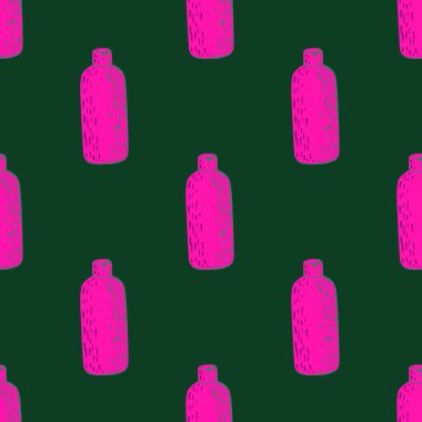 Kozmetik şişe dikişsiz desen. Spa için arka plan. Kumaş, ambalaj kağıdı, duvar kâğıdı ve mendil için karalama stilinde tekrarlanan doku. Vektör illüstrasyonu.