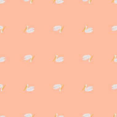 Pelikan pürüzsüz bir şekilde oturuyor. Deniz kuşlarının arka planı. Kumaş, ambalaj kağıdı, duvar kâğıdı ve mendil için karalama stilinde tekrarlanan doku. Vektör illüstrasyonu.