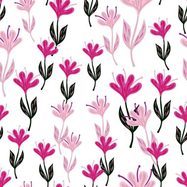Çiçeklerin dikişsiz deseni. El çizimi alan arkaplanı. Kumaş, ambalaj kağıdı, duvar kâğıdı ve mendil için karalama stilinde tekrarlanan doku. Vektör illüstrasyonu.