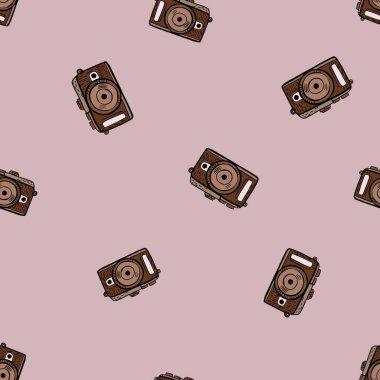 Fotoğraf makinesi kusursuz desen. Sevimli eski kameraların arka planı. Kumaş, ambalaj kağıdı, duvar kâğıdı ve mendil için karalama stilinde tekrarlanan doku. Vektör illüstrasyonu.
