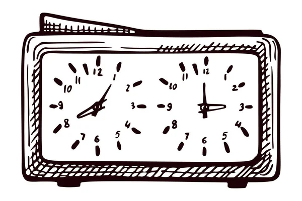 チェスの時計のスケッチは孤立した 手描きスタイルでチェスゲームのためのレトロな時計 ポスター 本のイラスト アイコン タトゥーのための刻まれたデザイン ヴィンテージベクトルイラスト — ストックベクタ