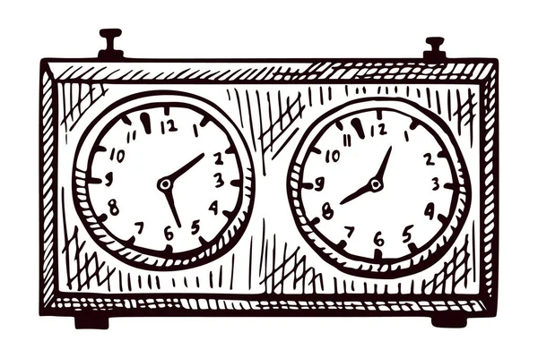 チェスの時計のスケッチは孤立した 手描きスタイルでチェスゲームのためのレトロな時計 ポスター 本のイラスト アイコン タトゥーのための刻まれたデザイン ヴィンテージベクトルイラスト ストックイラスト