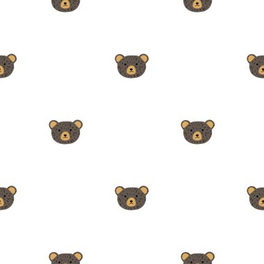 Ayı desenleri el yazısıyla kusursuz. Renkli arka plandaki baş hayvanlar. Tekstil baskıları, kumaş, afişler, arkaplanlar ve duvar kağıtları için vektör illüstrasyonu.