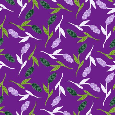 Botanik desensiz, kulağında buğday süsü olan geometrik şekilli. Mor parlak arkaplan. Kağıt ve kumaş dokuları için grafiksel tasarım. Vektör İllüstrasyonu.