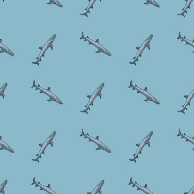 Resif köpekbalığı, İskandinav tarzında kusursuz bir desen. Deniz hayvanları geçmişi. Çocuklar için vektör illüstrasyonu komik tekstil baskıları, kumaş, afişler, arkaplanlar ve duvar kağıtları.