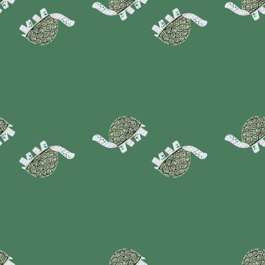 Şirin kaplumbağalar dikişsiz desen. Komik hayvan süsü. Kumaş, ambalaj kağıdı, duvar kâğıdı ve mendil için karalama stilinde tekrarlanan doku. Vektör illüstrasyonu.