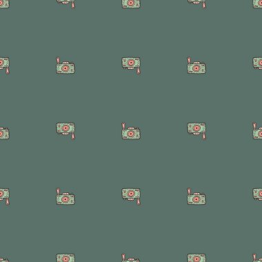 Fotoğraf makinesi kusursuz desen. Sevimli eski kameraların arka planı. Kumaş, ambalaj kağıdı, duvar kâğıdı ve mendil için karalama stilinde tekrarlanan doku. Vektör illüstrasyonu.