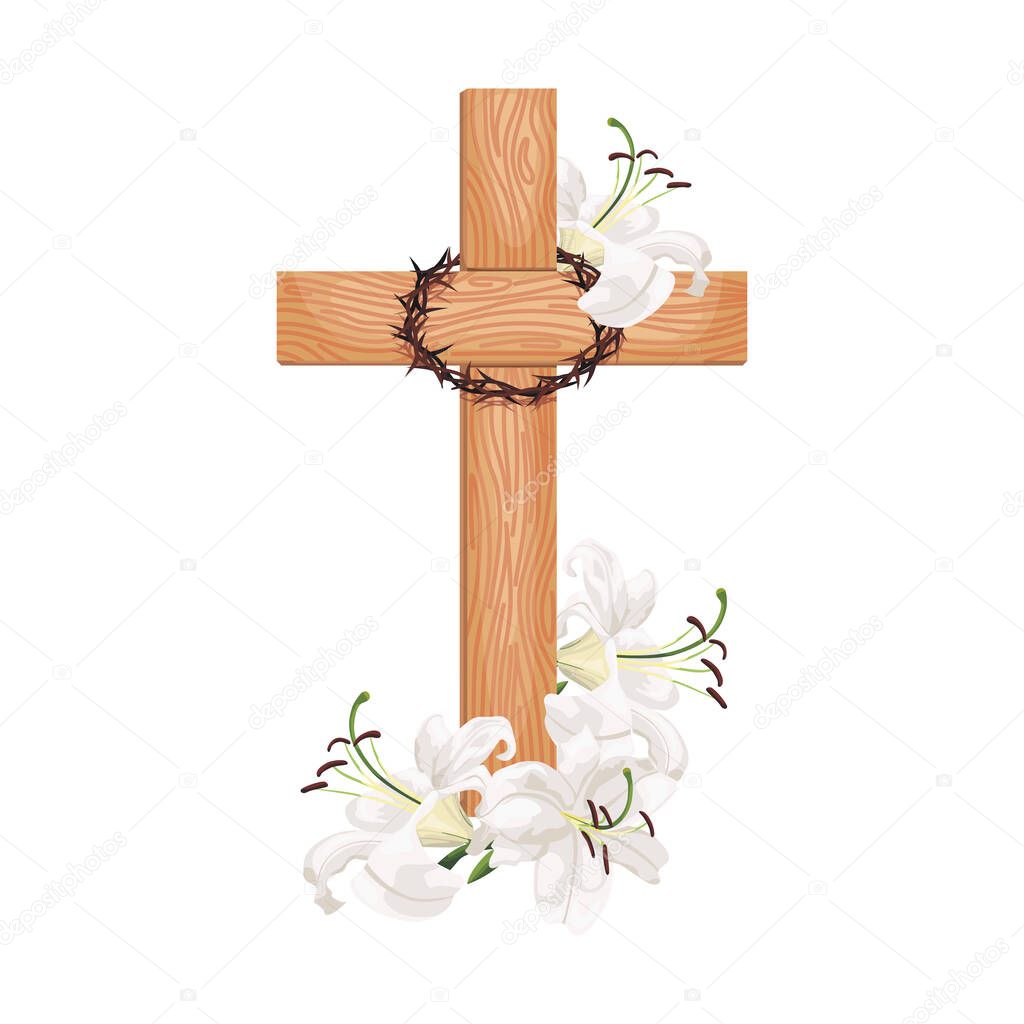Cross with lilies isolated on white background. Religious symbols wooden cross, white lily and crown of thorns. Vector design Easter illustration, poster and greeting card.