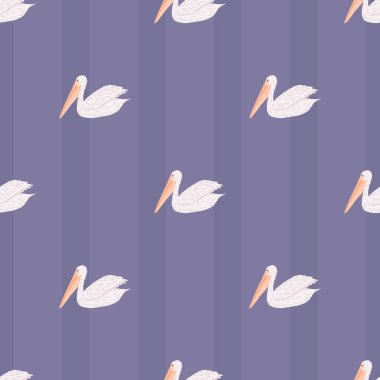 Pelikan pürüzsüz bir şekilde oturuyor. Deniz kuşlarının arka planı. Kumaş, ambalaj kağıdı, duvar kâğıdı ve mendil için karalama stilinde tekrarlanan doku. Vektör illüstrasyonu.