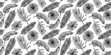 Tropikal yapraklar pürüzsüz. Muz ve palmiye yaprağının kabartma stili. Kumaş, duvar kağıdı, tekstil, baskı, arkaplan, ambalaj kağıdı için el yapımı doku. Vektör illüstrasyonu.