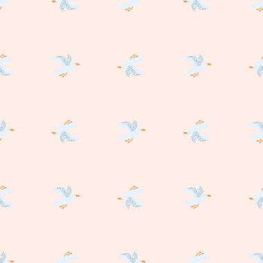 Martılar pürüzsüz desenli. Deniz kuşlarının arka planı. Kumaş, ambalaj kağıdı, duvar kâğıdı ve mendil için karalama stilinde tekrarlanan doku. Vektör illüstrasyonu.