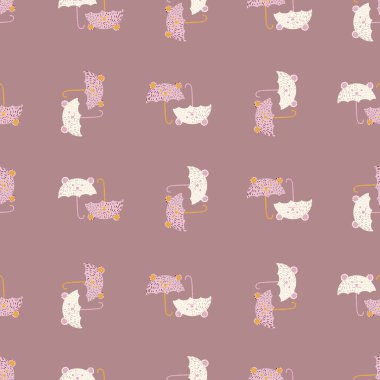 Ayı şemsiyesi pürüzsüz desen. Komik karakterler. Kumaş, ambalaj kağıdı, duvar kâğıdı ve mendil için karalama stilinde tekrarlanan doku. Vektör illüstrasyonu.