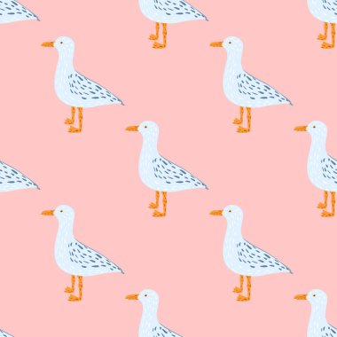 Martılar pürüzsüz bir şekilde duruyorlar. Deniz kuşlarının arka planı. Kumaş, ambalaj kağıdı, duvar kâğıdı ve mendil için karalama stilinde tekrarlanan doku. Vektör illüstrasyonu.