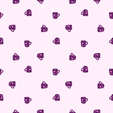 Güzel kupalar, kusursuz desen. Çay saatinin arka planı. Kumaş, ambalaj kağıdı, duvar kâğıdı ve mendil için karalama stilinde tekrarlanan doku. Vektör illüstrasyonu.