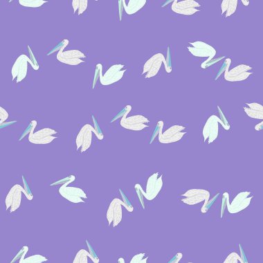 Pelikan pürüzsüz bir şekilde oturuyor. Deniz kuşlarının arka planı. Kumaş, ambalaj kağıdı, duvar kâğıdı ve mendil için karalama stilinde tekrarlanan doku. Vektör illüstrasyonu.