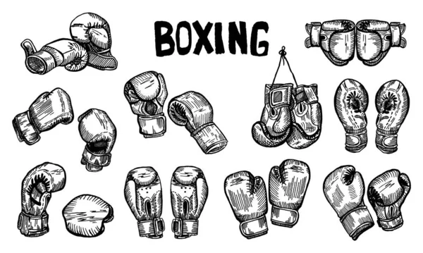 Set Boxing Gloves Hanging Title Sketch Isolated Sporting Equipments Boxing — Stock Vector