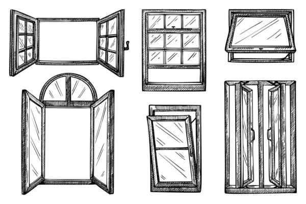 Set Fenêtre Ouverte Rectangle Croquis Isolé Rétro Plusieurs Fenêtres Intérieur Vecteurs De Stock Libres De Droits